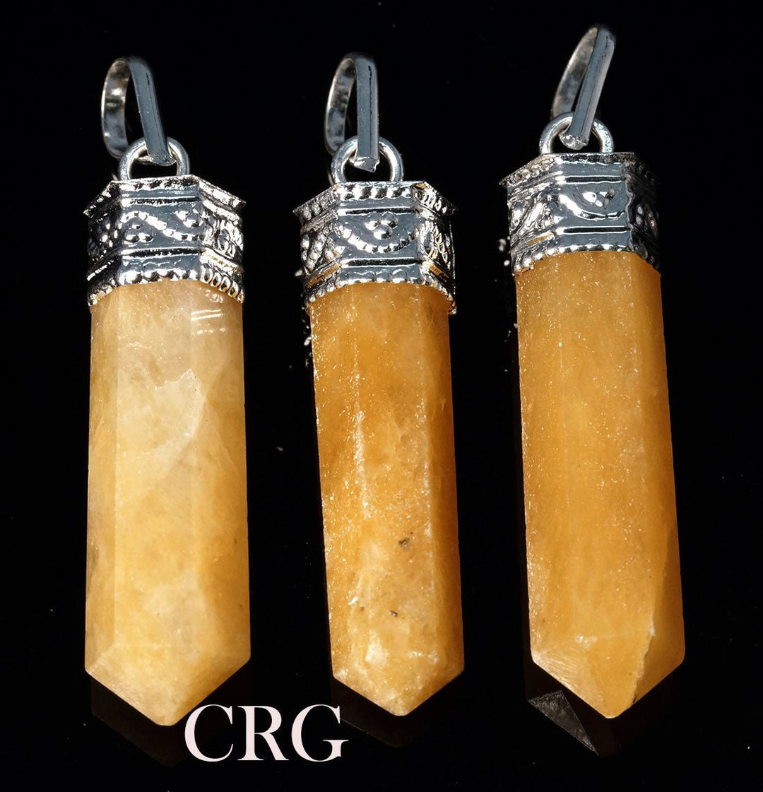 Yellow Aventurine Point Pendant (1 Inch) (2 Pcs) Silver-Plated Small 6-Sided Crystal Pencil Point Pendant