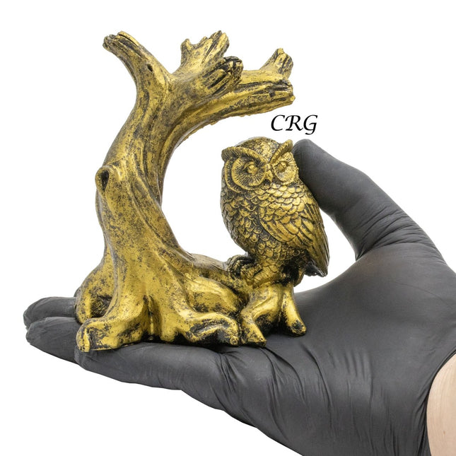 Yellow Owl and Branch Sphere Holder Stand (1 Piece) Size 4.5 Inches Carving Display